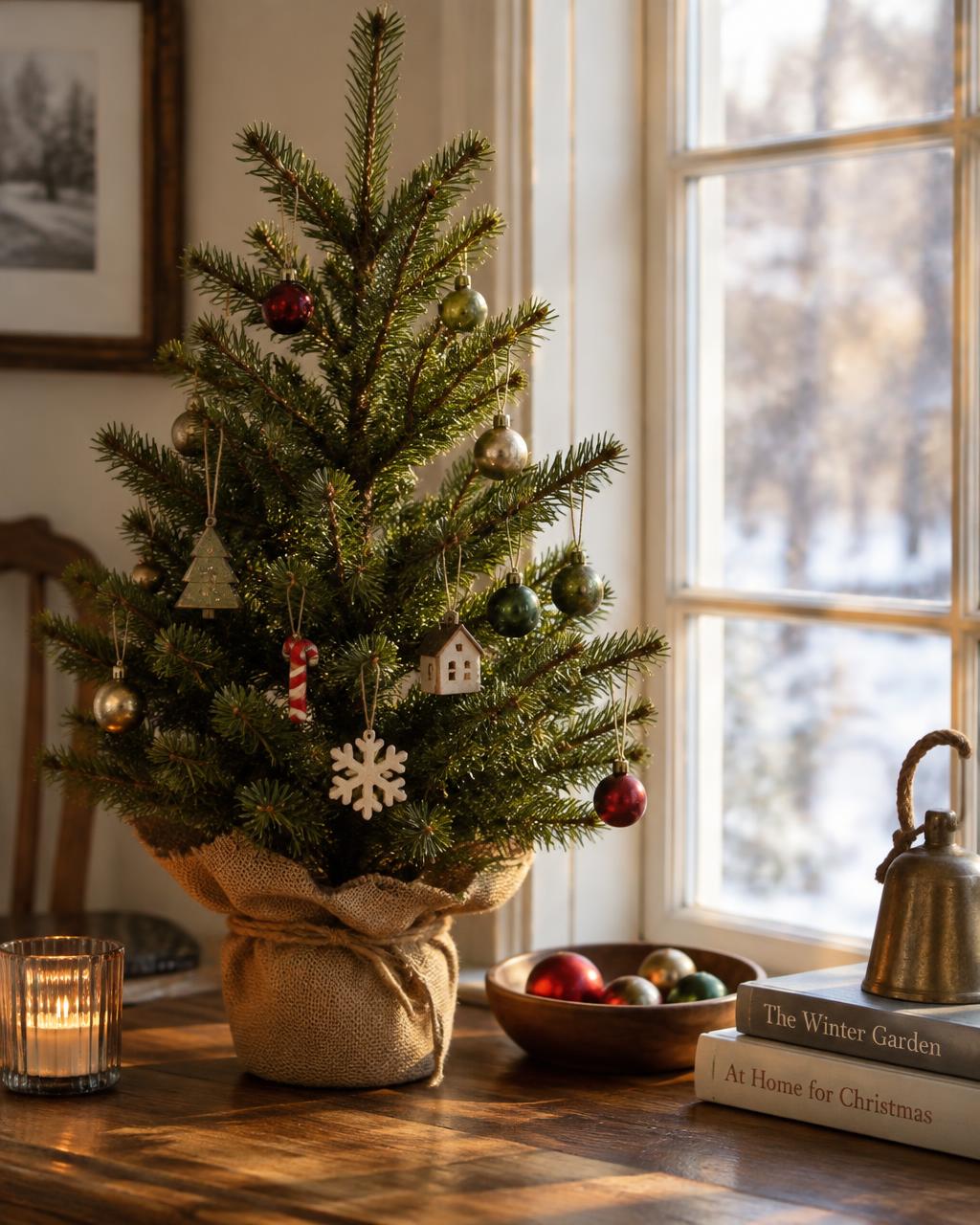 Small tabletop Christmas tree in a burlap wrapped pot beside a snowy window